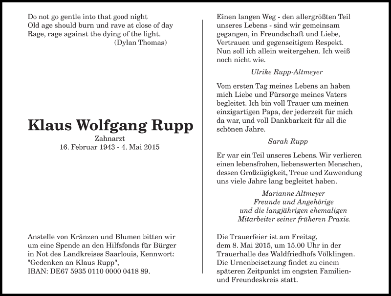  Traueranzeige für Klaus Wolfgang Rupp vom 06.05.2015 aus saarbruecker_zeitung