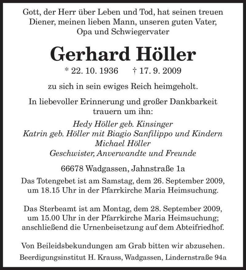  Traueranzeige für Gerhard Höller vom 25.09.2009 aus SAARBRÜCKER ZEITUNG
