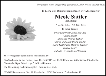 Traueranzeige von Nicole Sattler von saarbruecker_zeitung