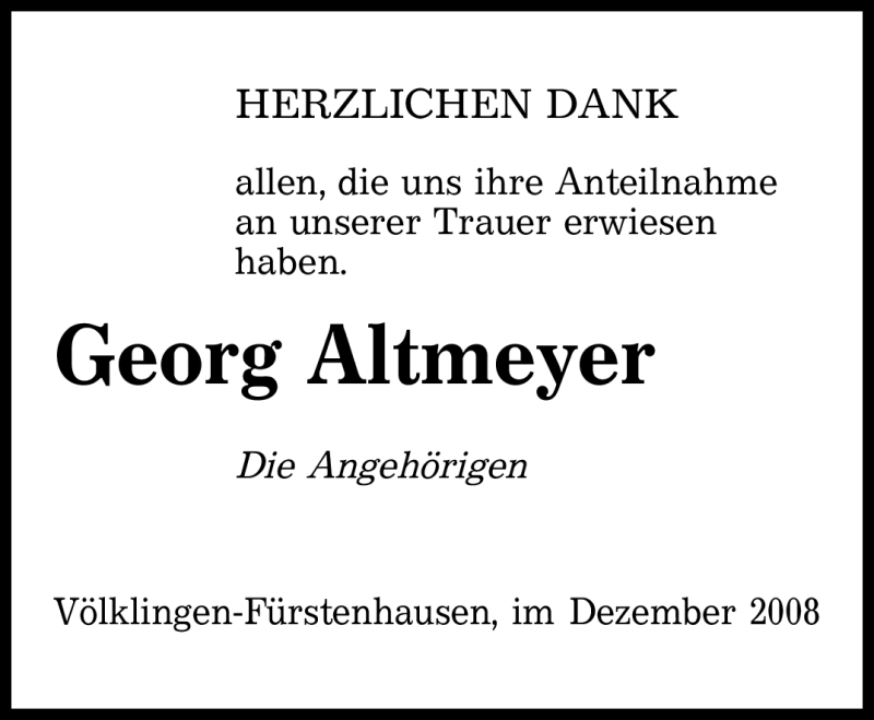 Traueranzeigen Von Georg Altmeyer Saarbruecker Zeitung Trauer De