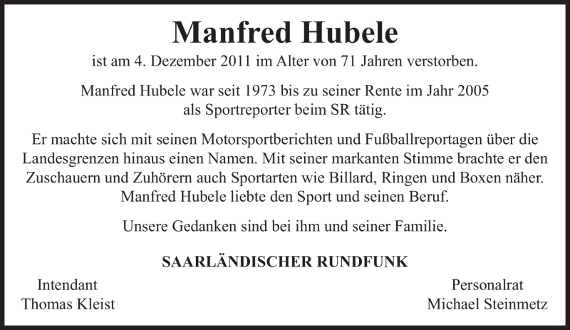 Traueranzeigen Von Manfred Hubele Saarbruecker Zeitung Trauer De