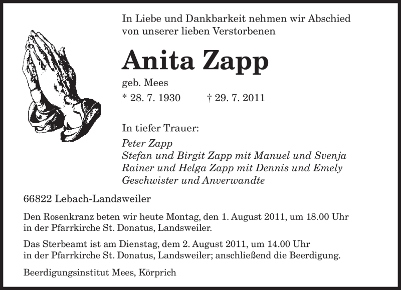 Traueranzeigen Von Anita Zapp Saarbruecker Zeitung Trauer De