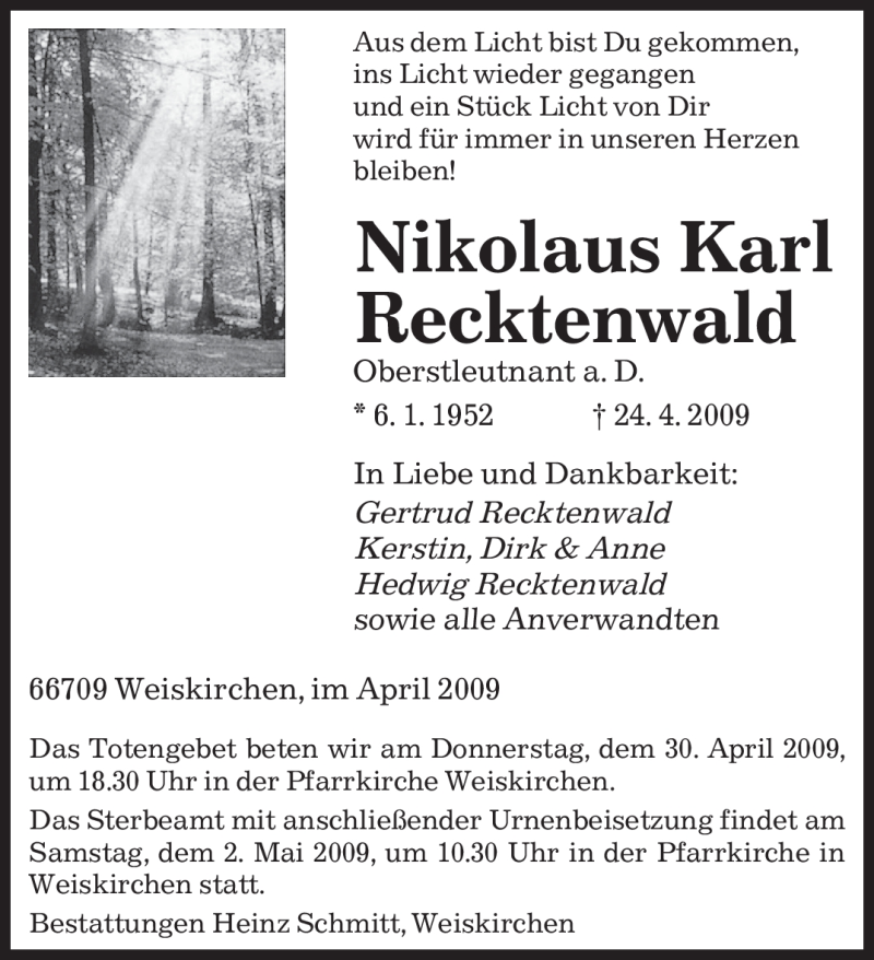 Traueranzeigen Von Nikolaus Karl Recktenwald Saarbruecker Zeitung