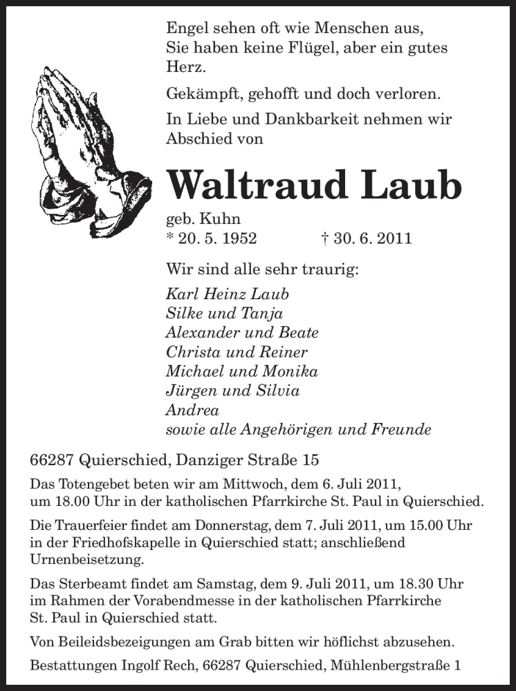  Traueranzeige für Waltraud Laub vom 05.07.2011 aus SAARBRÜCKER ZEITUNG