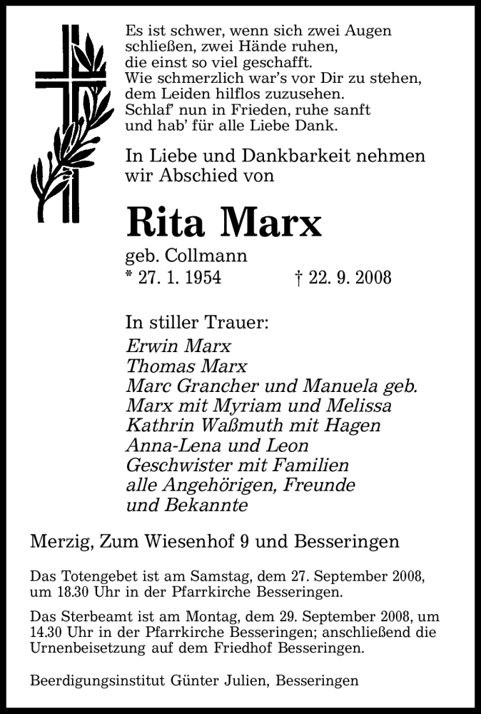 Traueranzeigen Von Rita Marx Saarbruecker Zeitung Trauer De