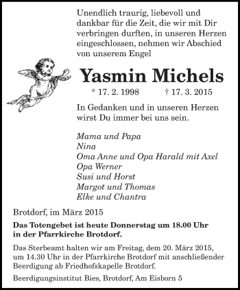 Traueranzeigen Von Yasmin Michels Saarbruecker Zeitung Trauer De