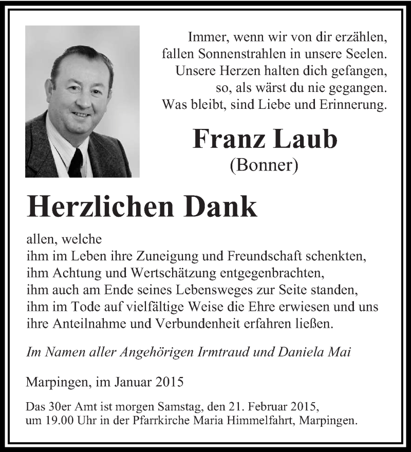 Traueranzeigen Von Franz Laub Saarbruecker Zeitung Trauer De