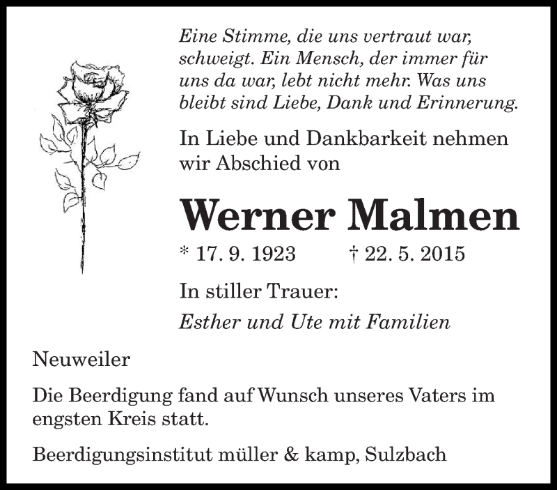  Traueranzeige für Werner Malmen vom 29.05.2015 aus saarbruecker_zeitung