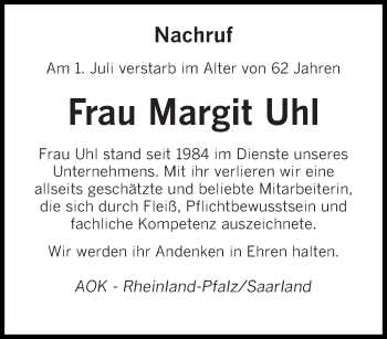 Traueranzeige von Margit Uhl von saarbruecker_zeitung