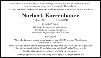 Traueranzeige von Norbert Karrenbauer von saarbruecker_zeitung