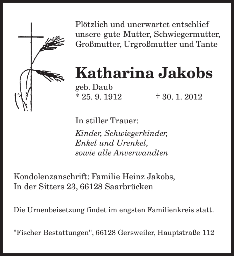 Traueranzeigen Von Katharina Jakobs Saarbruecker Zeitung Trauer De