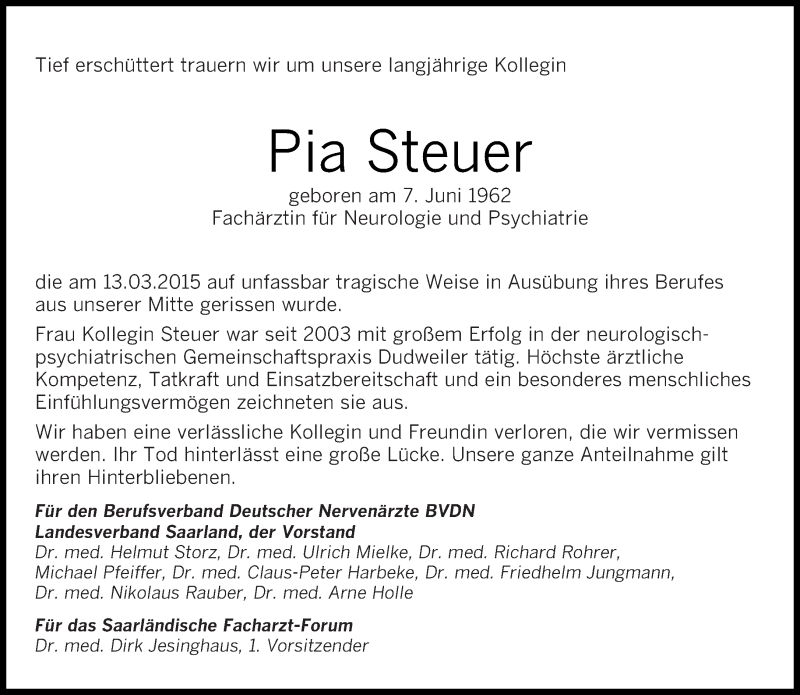  Traueranzeige für Pia Steuer vom 28.03.2015 aus saarbruecker_zeitung