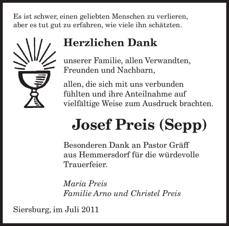 Traueranzeigen Von Josef Preis Saarbruecker Zeitung Trauer De