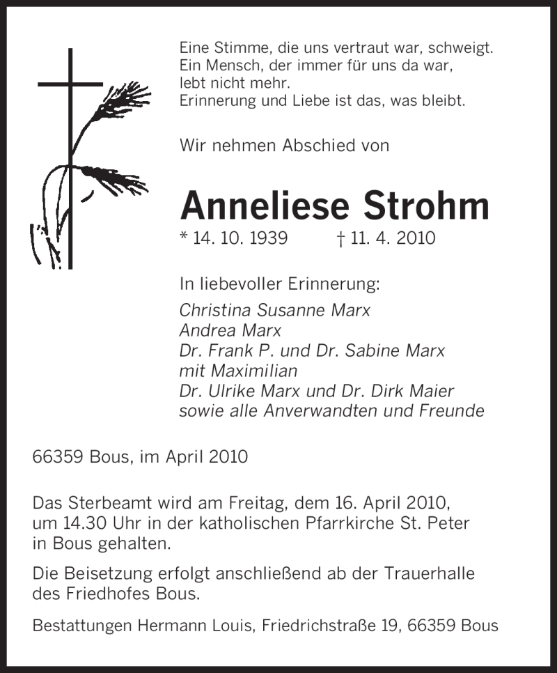 Traueranzeigen Von Anneliese Strohm Saarbruecker Zeitung Trauer De