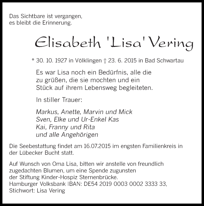  Traueranzeige für Elisabeth Lisa Vering vom 04.07.2015 aus saarbruecker_zeitung