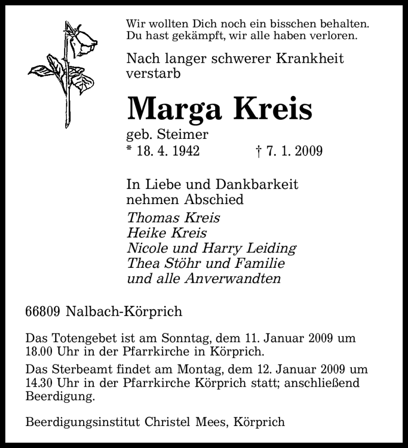 Traueranzeigen Von Marga Kreis Saarbruecker Zeitung Trauer De