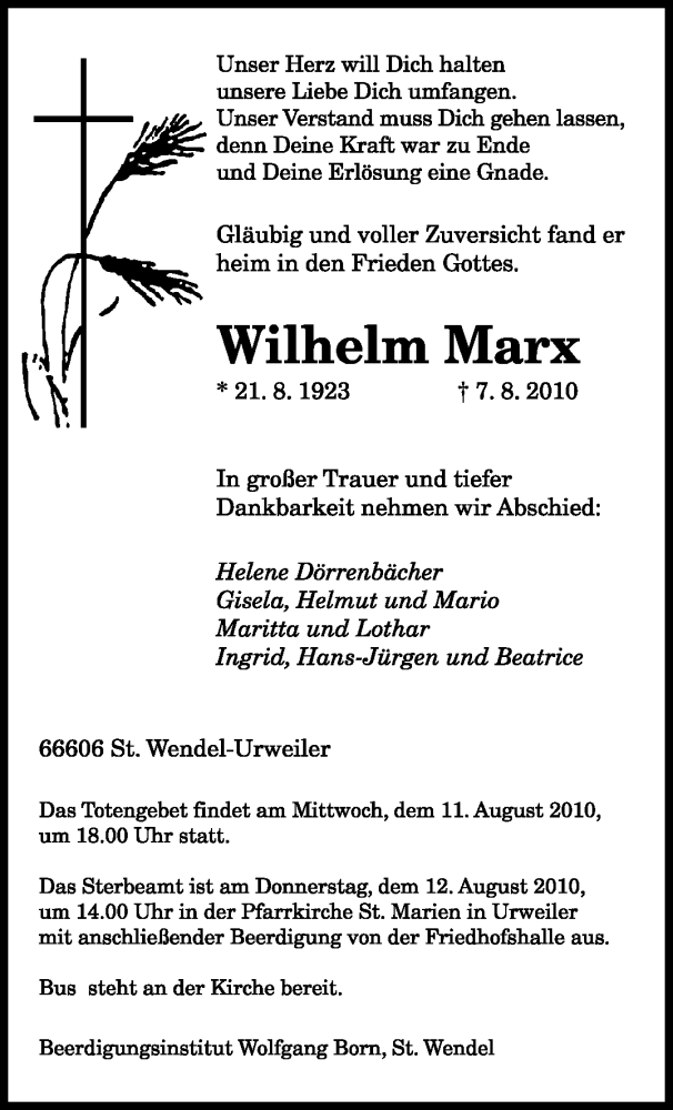 Traueranzeigen Von Wihelm Marx Saarbruecker Zeitung Trauer De