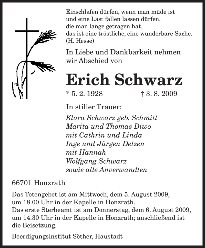 Traueranzeigen Von Erich Schwarz Saarbruecker Zeitung Trauer De