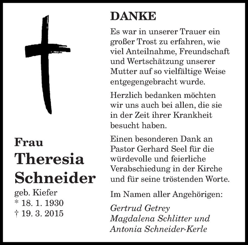  Traueranzeige für Theresia Schneider vom 11.04.2015 aus saarbruecker_zeitung