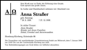 Traueranzeigen von Anna Straßer Saarbruecker Zeitung Trauer de