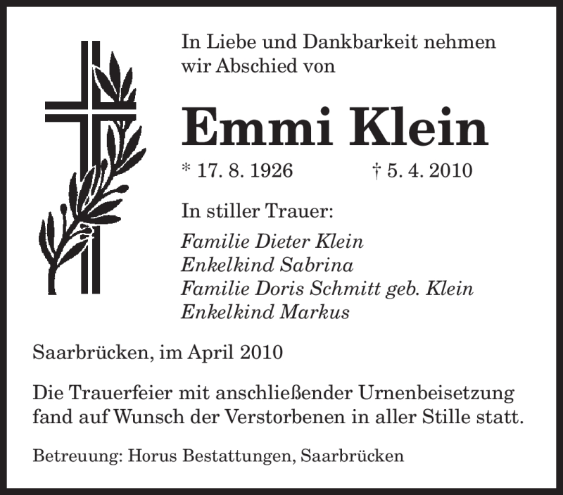 Traueranzeigen Von Emmi Klein Saarbruecker Zeitung Trauer De