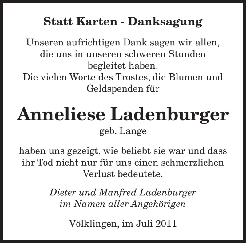 Traueranzeigen Von Anneliese Ladenburger Saarbruecker Zeitung Trauer De