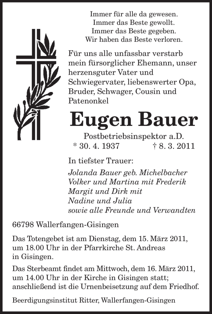  Traueranzeige für Eugen Bauer vom 14.03.2011 aus SAARBRÜCKER ZEITUNG