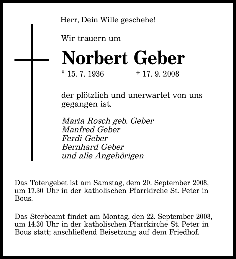 Traueranzeigen Von Norbert Geber Saarbruecker Zeitung Trauer De