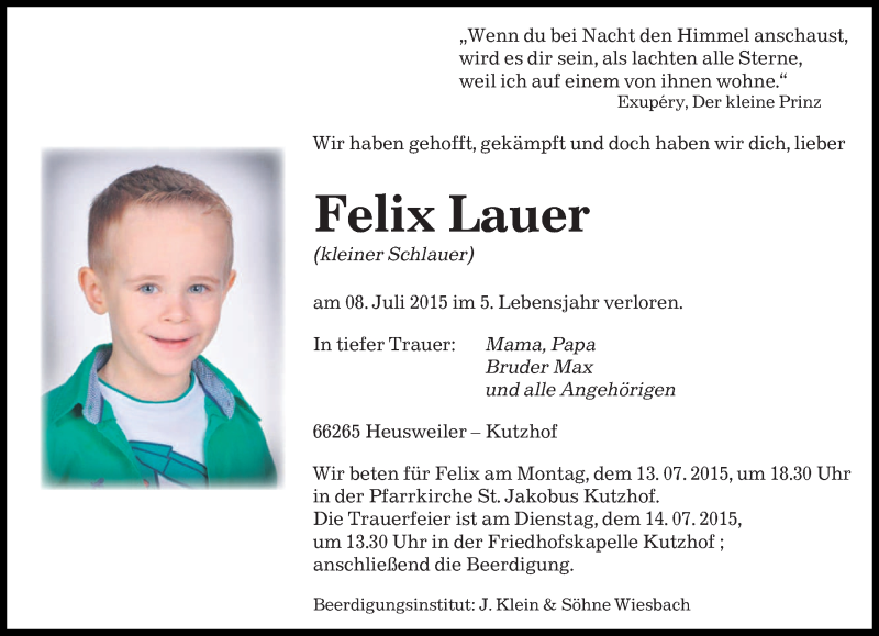  Traueranzeige für Felix Lauer vom 11.07.2015 aus saarbruecker_zeitung
