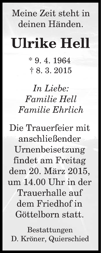  Traueranzeige für Ulrike Hell vom 18.03.2015 aus saarbruecker_zeitung