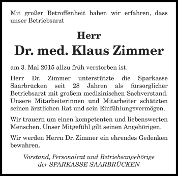 Traueranzeigen Von Klaus Zimmer Saarbruecker Zeitung Trauer De