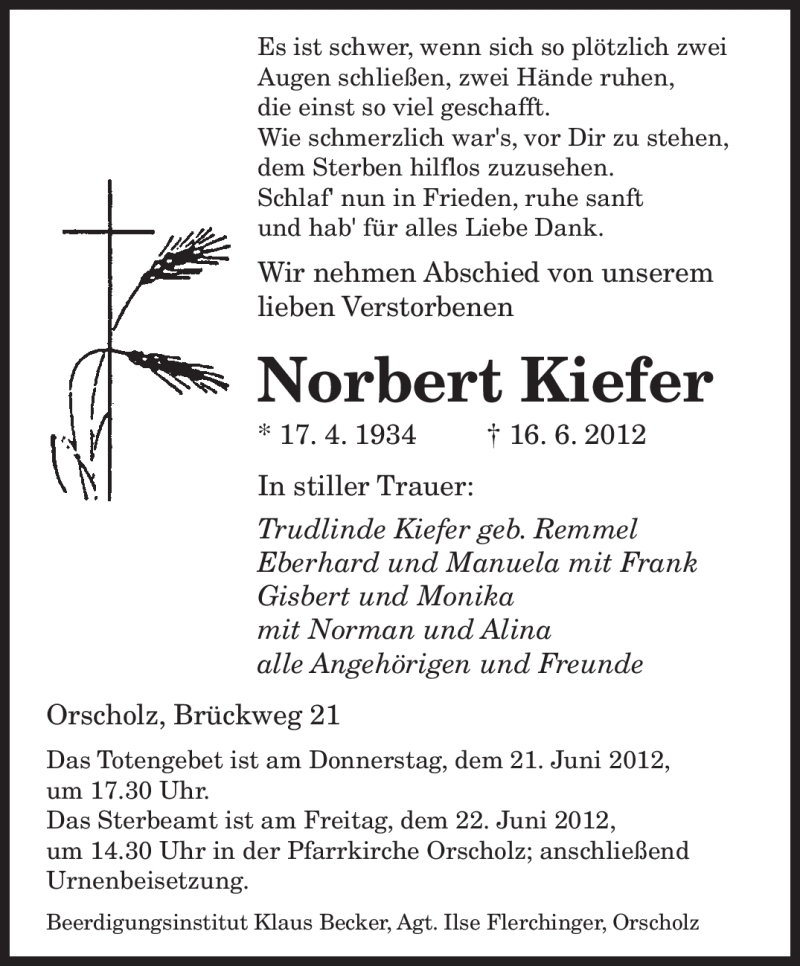 Traueranzeigen Von Norbert Kiefer Saarbruecker Zeitung Trauer De