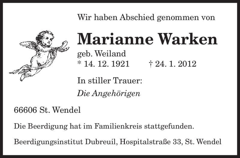 Traueranzeigen Von Marianne Warken Saarbruecker Zeitung Trauer De