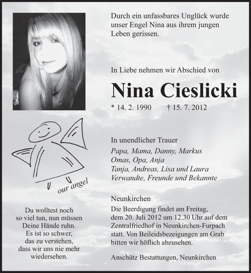  Traueranzeige für Nina Cieslicki vom 18.07.2012 aus SAARBRÜCKER ZEITUNG