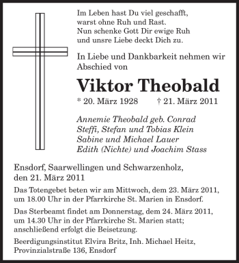 Traueranzeigen Von Viktor Theobald Saarbruecker Zeitung Trauer De