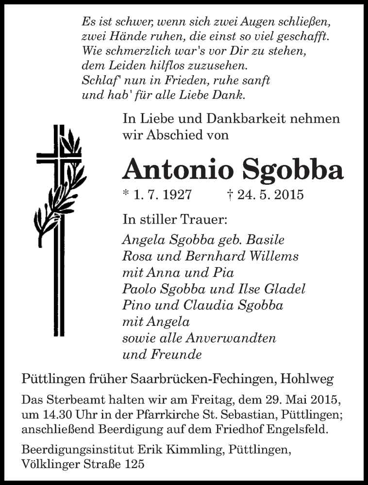 Traueranzeigen Von Antonio Sgobba Saarbruecker Zeitung Trauer De