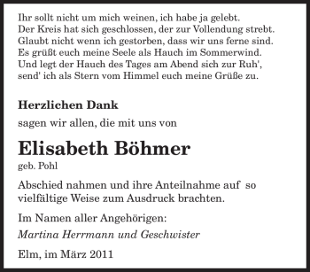 Traueranzeigen Von Elisabeth B Hmer Saarbruecker Zeitung Trauer De