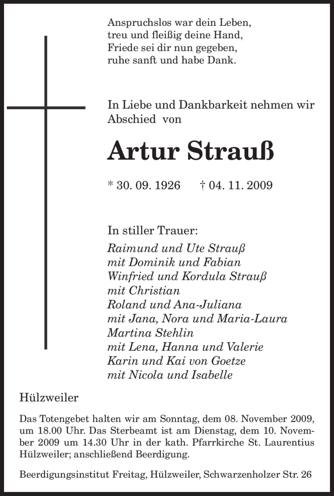 Traueranzeigen Von Artur Strau Saarbruecker Zeitung Trauer De