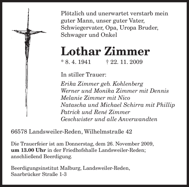 Traueranzeigen Von Lothar Zimmer Saarbruecker Zeitung Trauer De