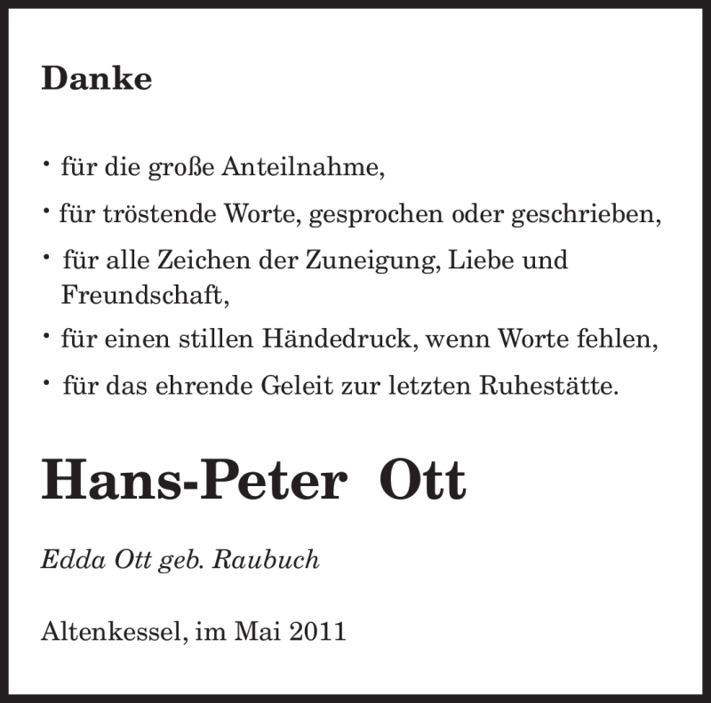  Traueranzeige für Hans-Peter Ott vom 14.05.2011 aus SAARBRÜCKER ZEITUNG