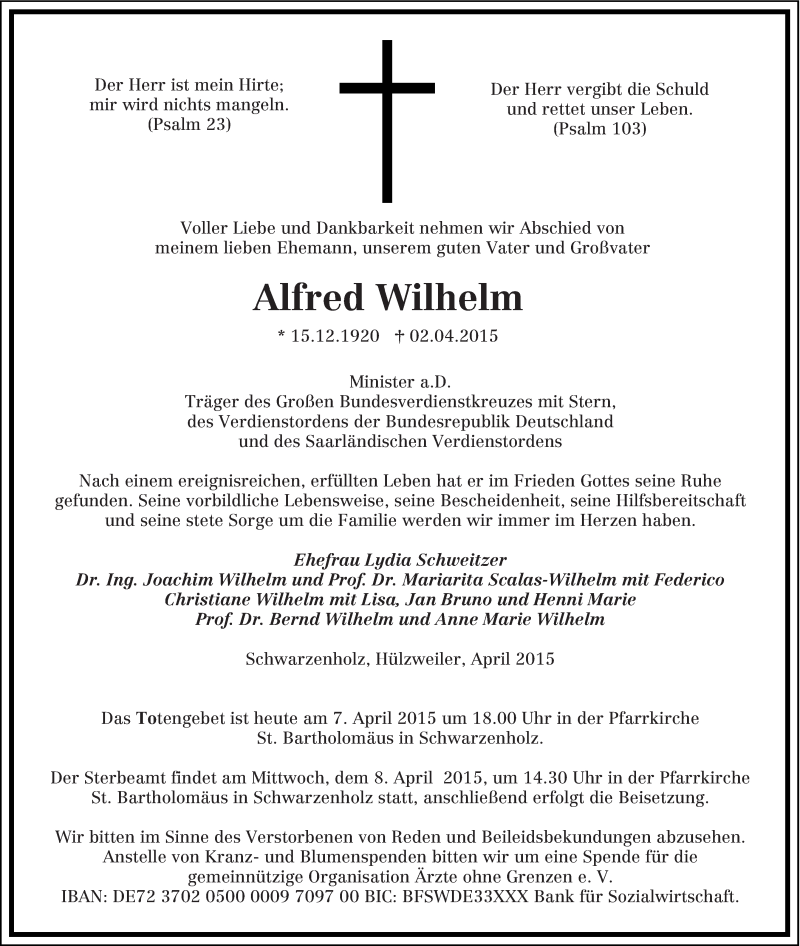  Traueranzeige für Alfred Wilhelm vom 07.04.2015 aus saarbruecker_zeitung