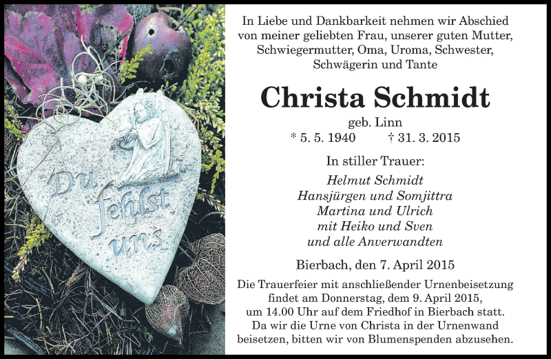  Traueranzeige für Christa Schmidt vom 07.04.2015 aus saarbruecker_zeitung