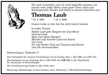 Traueranzeigen Von Thomas Laub Saarbruecker Zeitung Trauer De