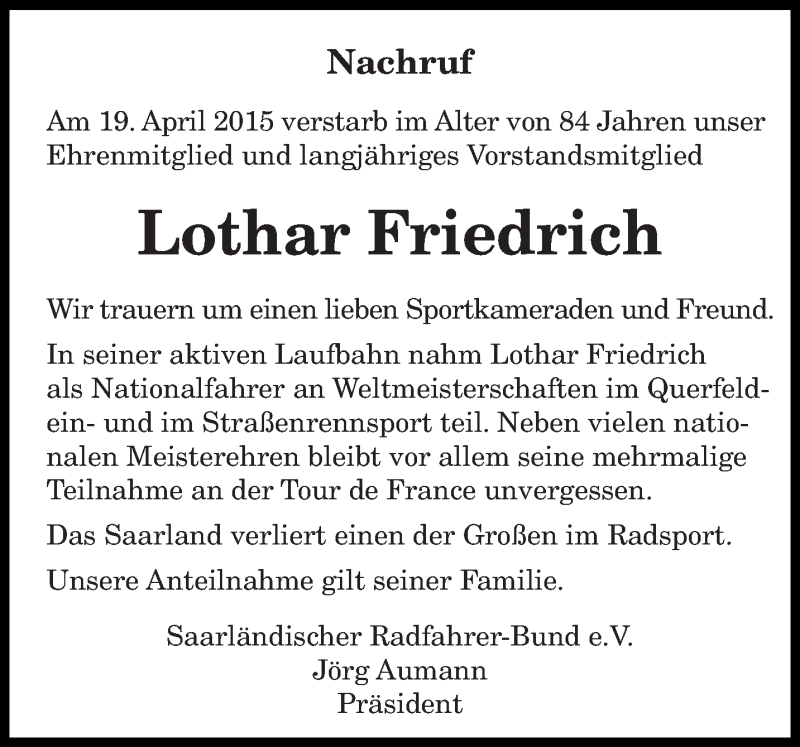  Traueranzeige für Lothar Friedrich vom 02.05.2015 aus saarbruecker_zeitung