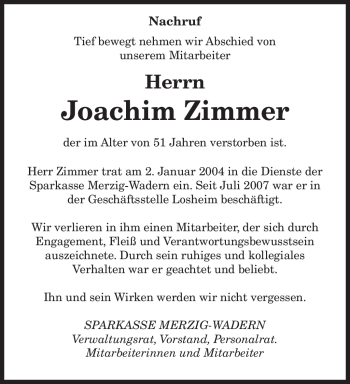 Traueranzeigen Von Joachim Zimmer Saarbruecker Zeitung Trauer De