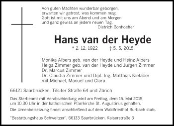 Traueranzeige von Hans van der Heyde von saarbruecker_zeitung