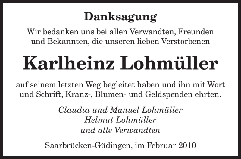 Traueranzeigen von Karlheinz Lohmüller Saarbruecker Zeitung Trauer de