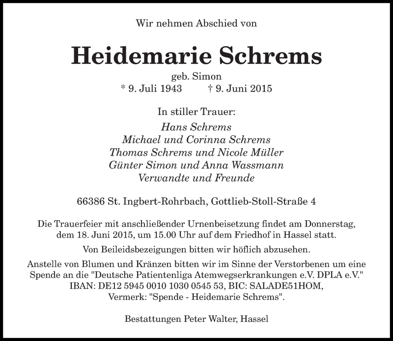  Traueranzeige für Heidemarie Schrems vom 12.06.2015 aus saarbruecker_zeitung