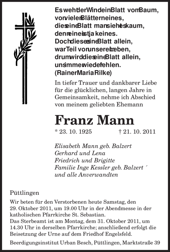 Traueranzeigen Von Franz Mann Saarbruecker Zeitung Trauer De