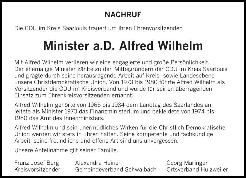  Traueranzeige für Alfred Wilhelm vom 08.04.2015 aus saarbruecker_zeitung